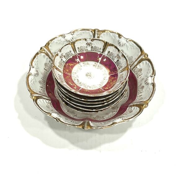 Antique Vintage JPF Germany Bowl Set Large & 6 Small Salad Soup Pasta Flower - Picture 1 of 15